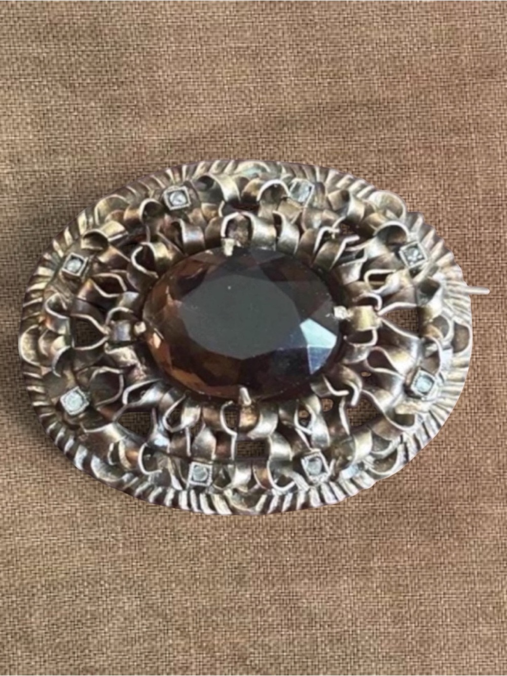 Victorian Smoky Glass Brooch – Gold Tone Openwork, Paste Accents